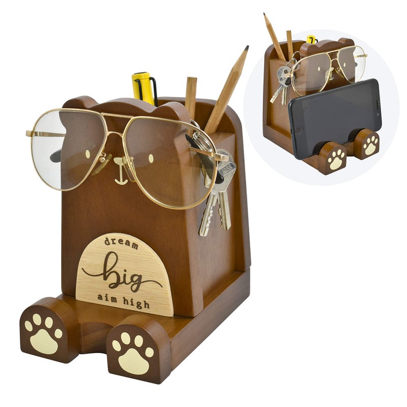 I'm Wood Multipurpose Eyeglass Phone Pen & Pencil Holder Stand Stationery Desk Box Organizer Accessories, Home Office Desktop Decor Birthday Graduation Gifts â€œDream Big Aim Highâ€(Bear) - Image 1